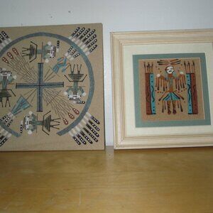 2 Navajo Native American Sand Painting Picture Yei Figure Rainbow Bar Vintage